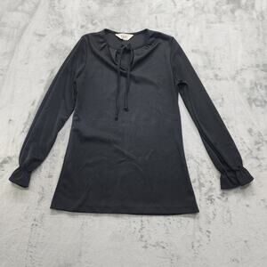 Vintage 70s Lady Blair Top Womens S Black Tie Neck Long Sleeves Ruffle Cuffs